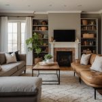 A cozy living room with freshly painted walls, new curtains, and refurbished furniture. A DIY bookshelf and decorative accents add a personal touch