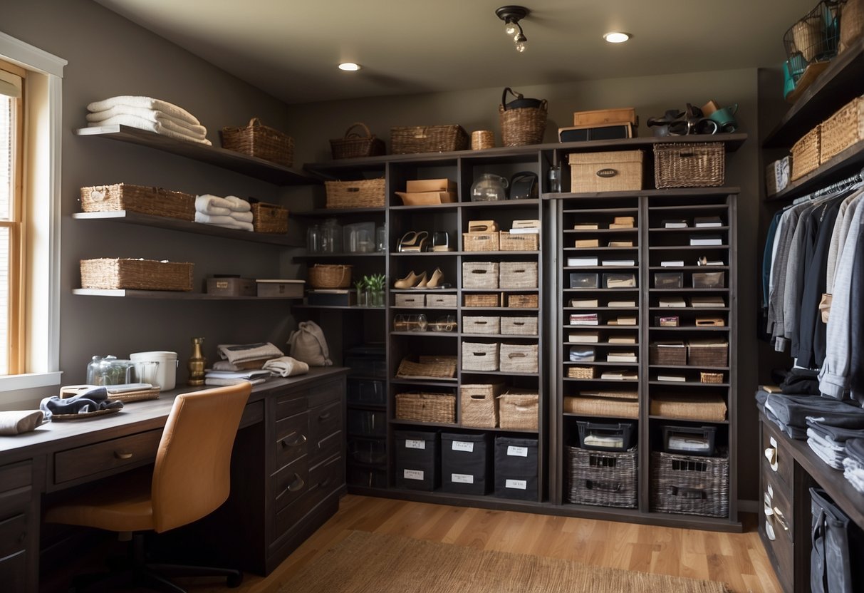 A cluttered room with shelves, bins, and hooks. A DIY storage bench with hidden compartments. A repurposed dresser turned into a stylish storage unit. A labeled organization system for easy access