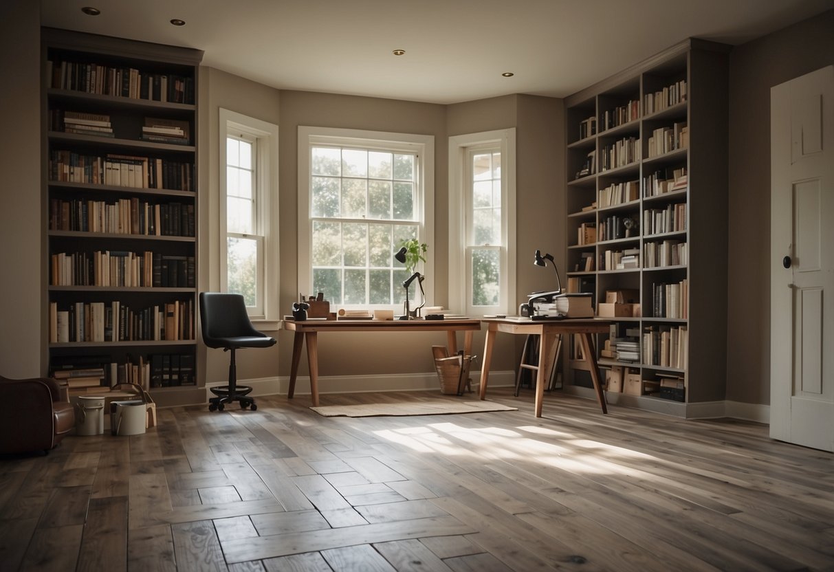 A room with various flooring materials (wood, tile, carpet) being installed and improved. Tools and supplies scattered around. A DIY book open on the floor