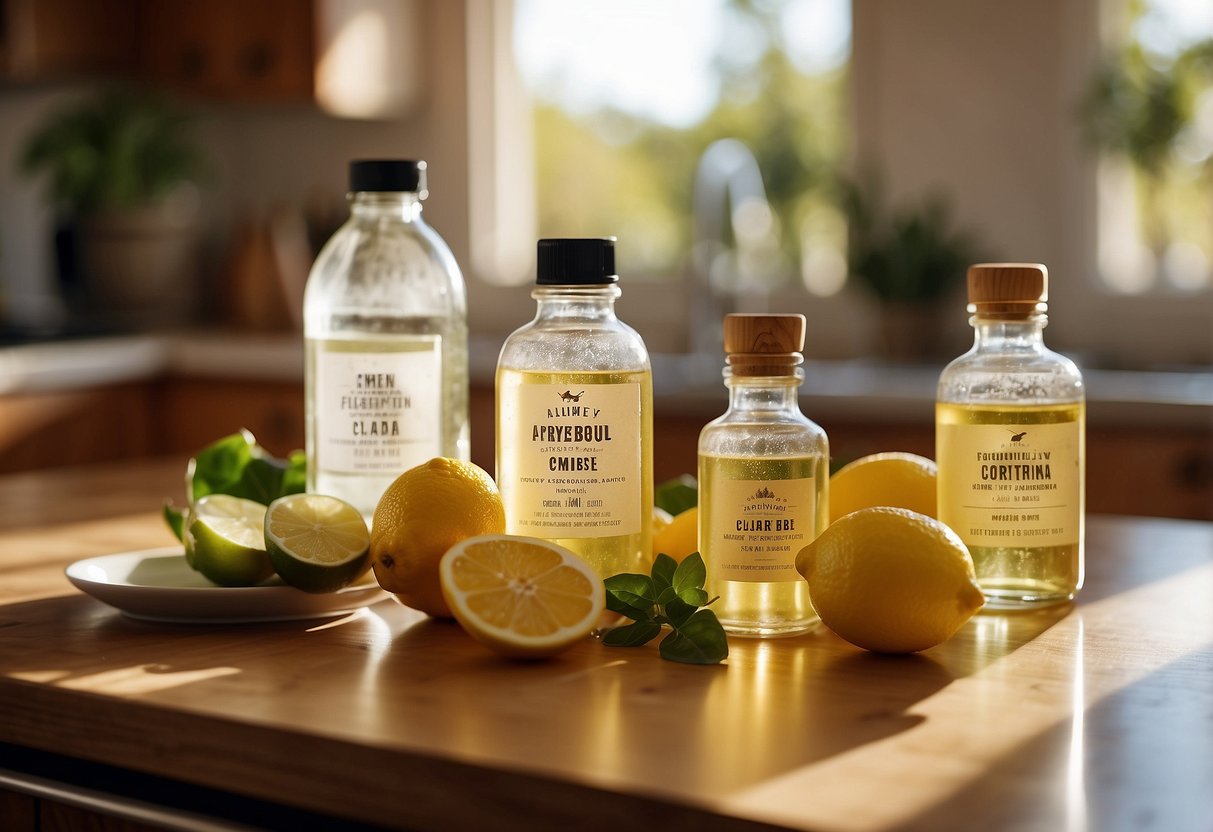 A sunny kitchen counter with various natural ingredients like vinegar, baking soda, and lemon, along with labeled bottles and containers for homemade cleaning products