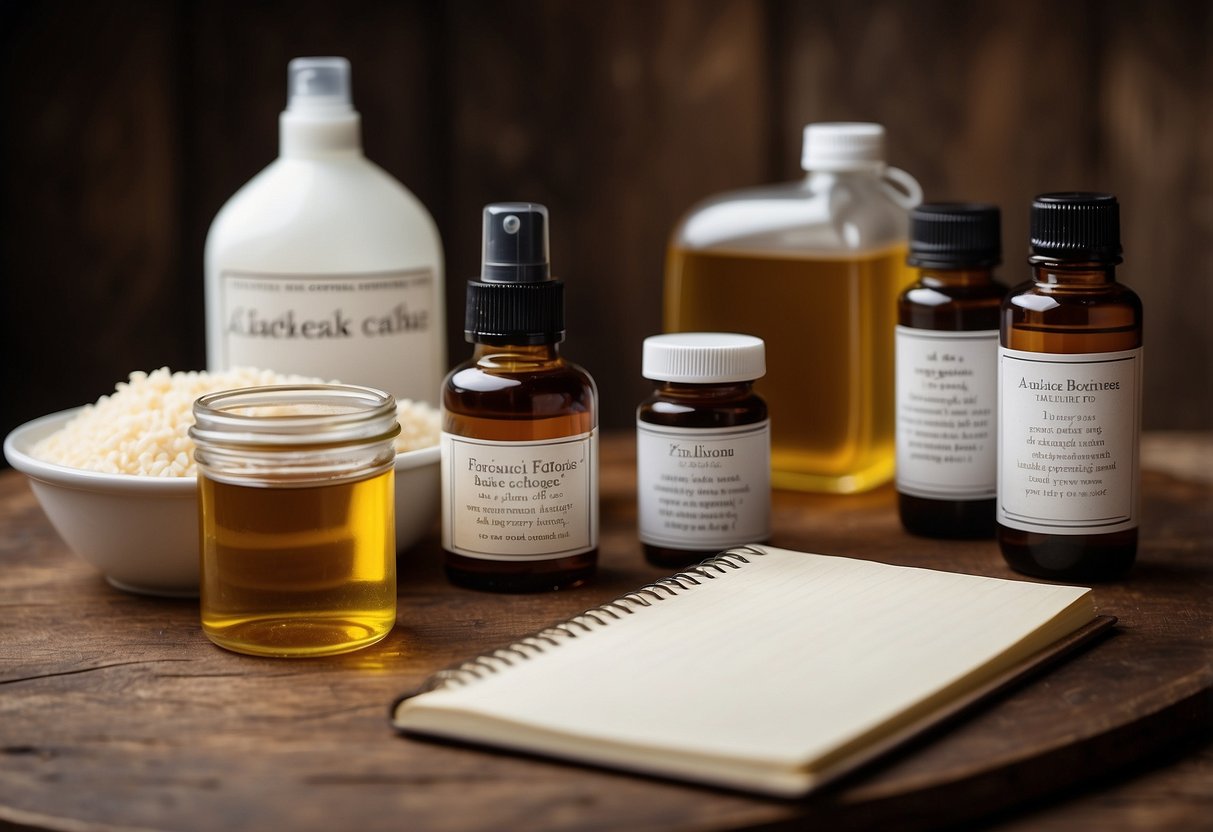 A table with various containers of vinegar, baking soda, essential oils, and spray bottles. A notebook with handwritten cleaning product recipes sits next to the supplies