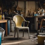 A worn-out chair sits in a cluttered garage. Paint cans, sandpaper, and tools are scattered nearby. A vision board with inspiring images hangs on the wall