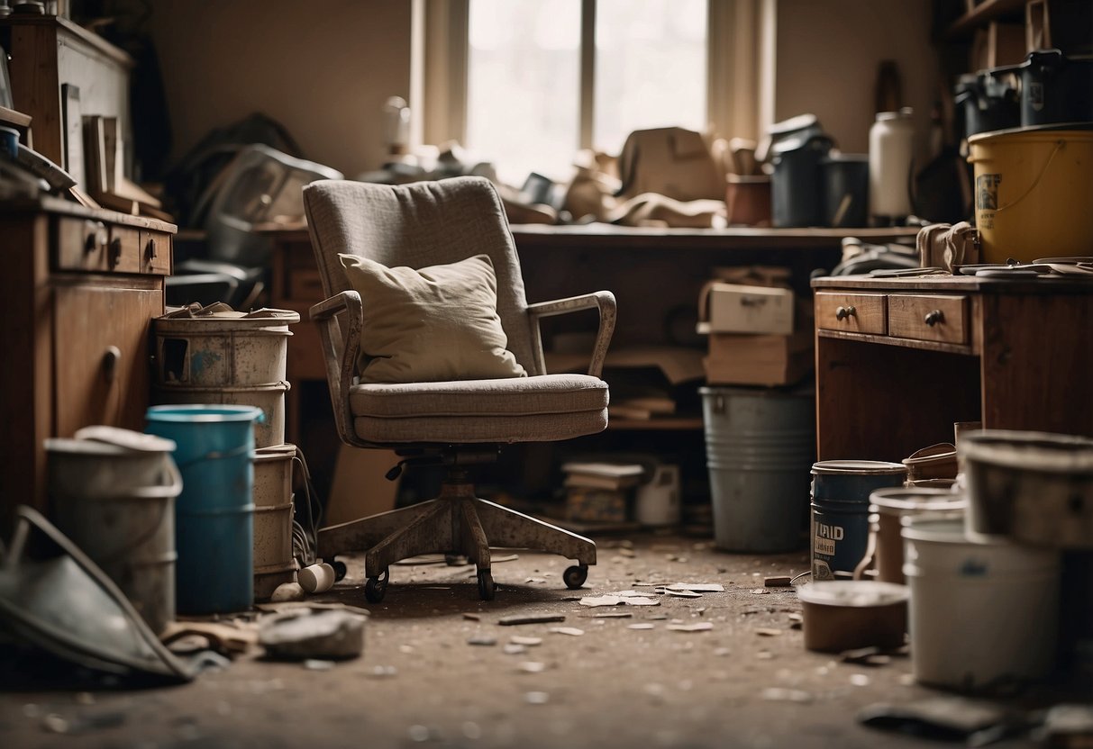 A cluttered room with old furniture, paint cans, and sandpaper. A worn-out chair sits in the center, ready for a DIY makeover