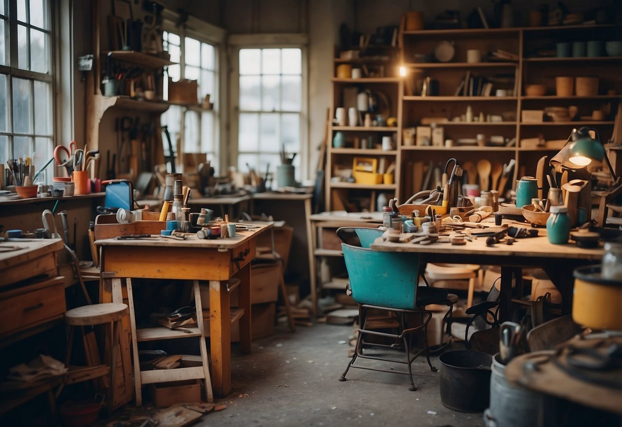 A cluttered workshop with tools and materials, a worn-out chair, and a vibrant color palette for a furniture makeover project