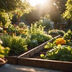 Lush garden with various vegetables and herbs growing in raised beds, surrounded by colorful flowers. Sunlight filters through the leaves, creating a serene and inviting atmosphere