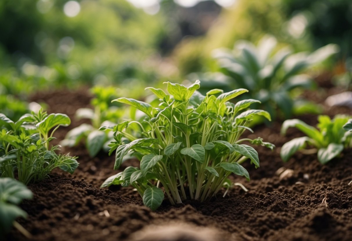 Lush garden with thriving vegetables and herbs, healthy soil, and organic fertilization methods. A balance of natural elements and sustainable practices promotes a bountiful and cost-effective harvest