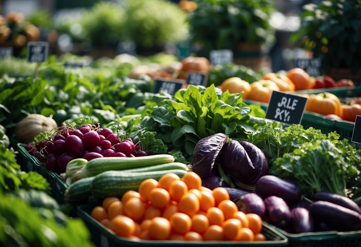 A lush garden with rows of vibrant vegetables and herbs, surrounded by money-saving resources and discount signs