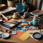 A cluttered desk with paint, brushes, and fabric swatches. A stack of old books, a glue gun, and a pile of decorative trinkets. A mood board with magazine cutouts and color swatches