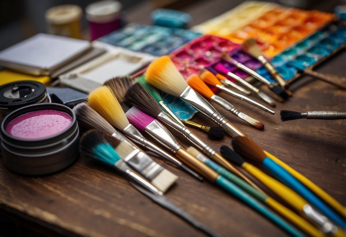 A colorful array of paintbrushes, stencils, and a blank canvas lay on a table. A step-by-step tutorial book sits open, showcasing various DIY wall decor ideas