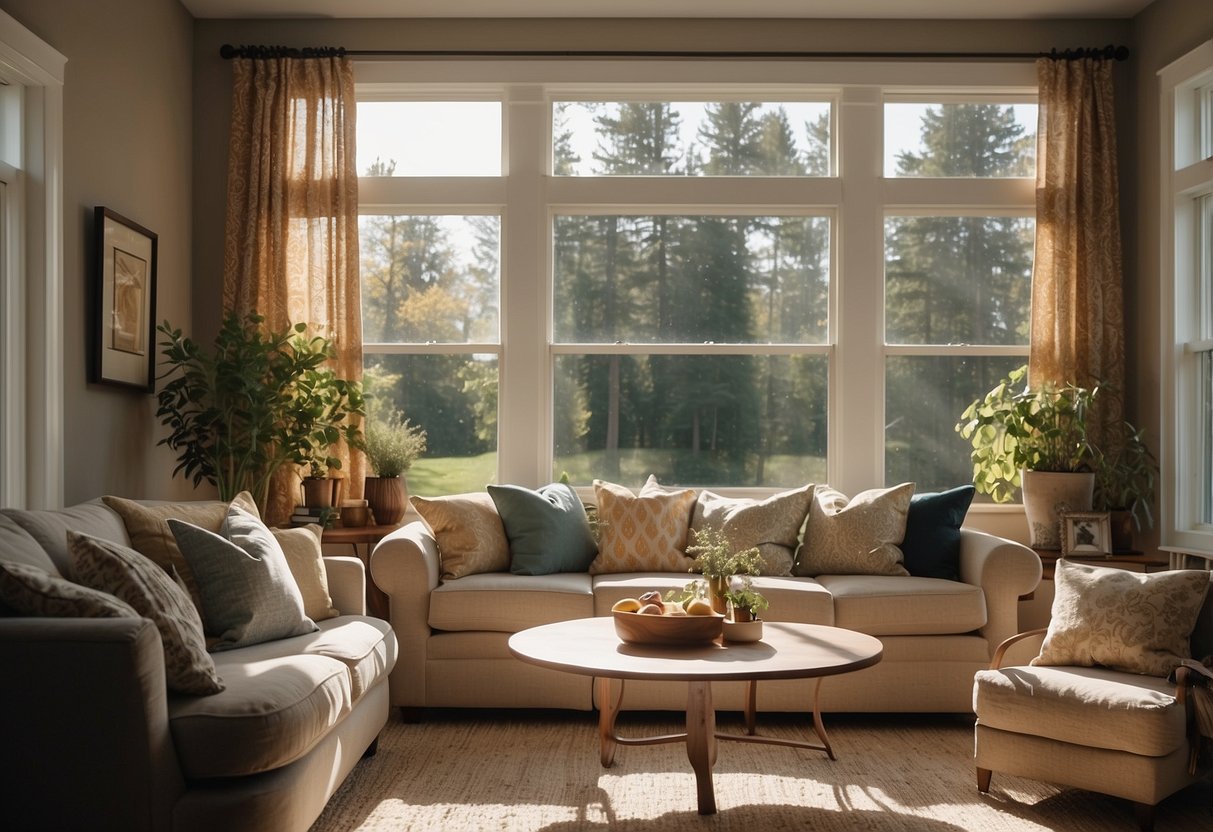 A cozy living room with homemade curtains, cushions, and a valance. Sunlight streams through the window, illuminating the custom home decor