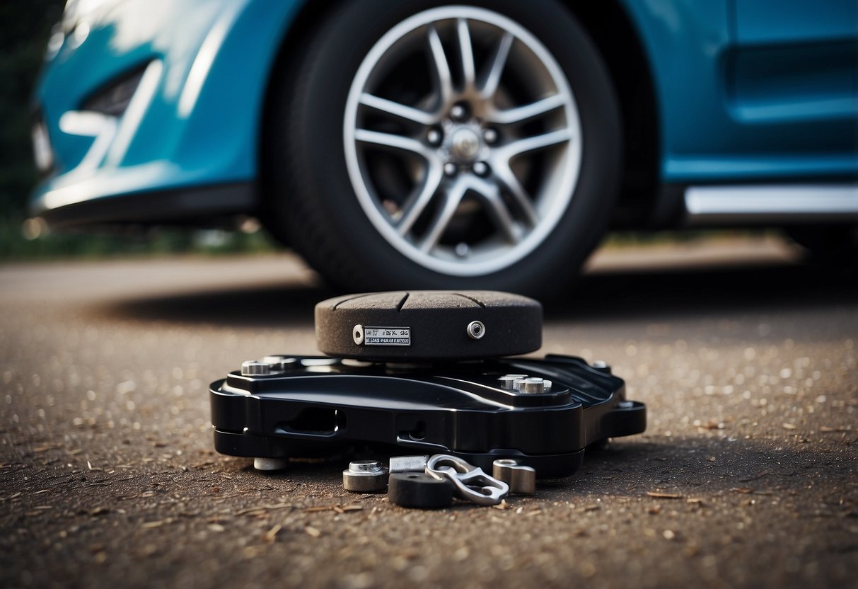 A car on a jack with its wheels removed, brake calipers and pads exposed. Tools and replacement brake parts scattered nearby