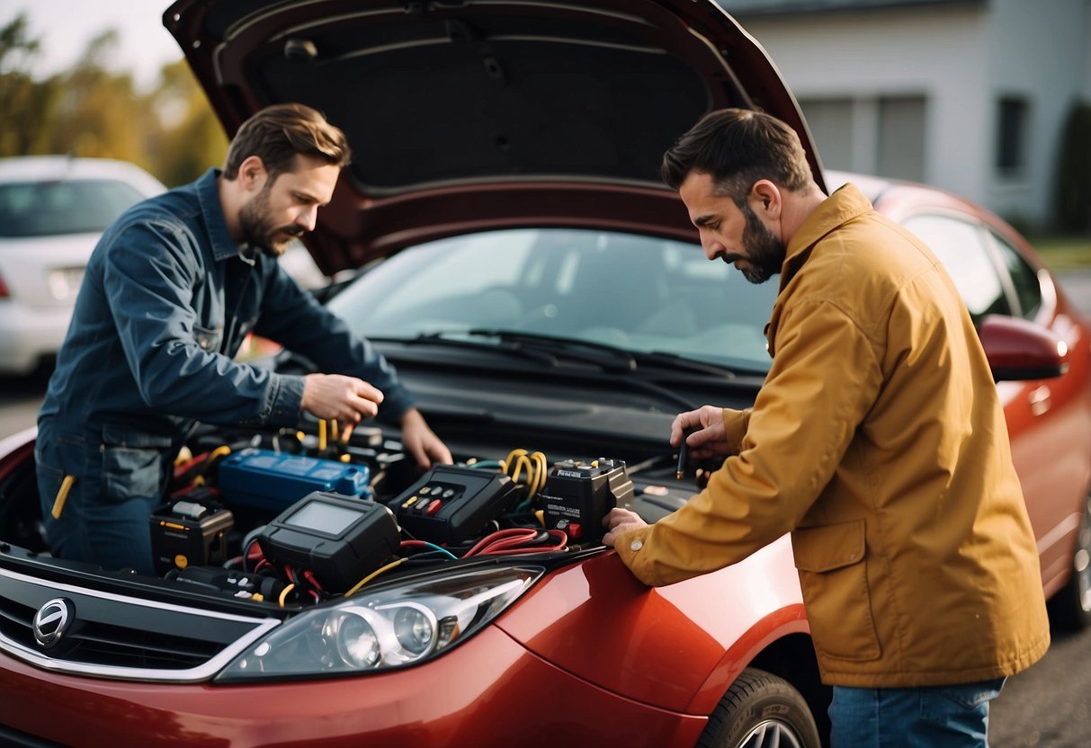 A person checking car battery with multimeter, while another person inspects electrical system under the hood of a car