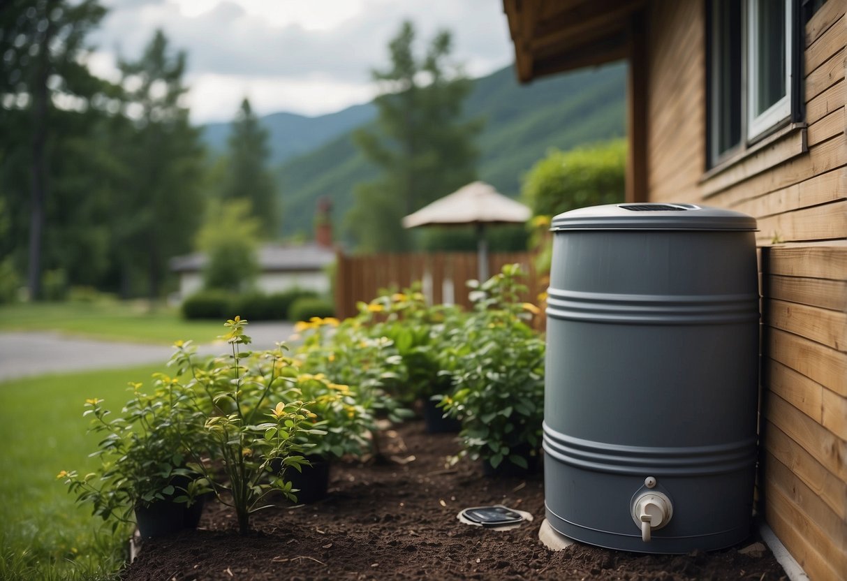 A rain barrel collects water from a downspout. Solar panels on the roof harness energy. LED light bulbs illuminate a room. A smart thermostat adjusts temperature