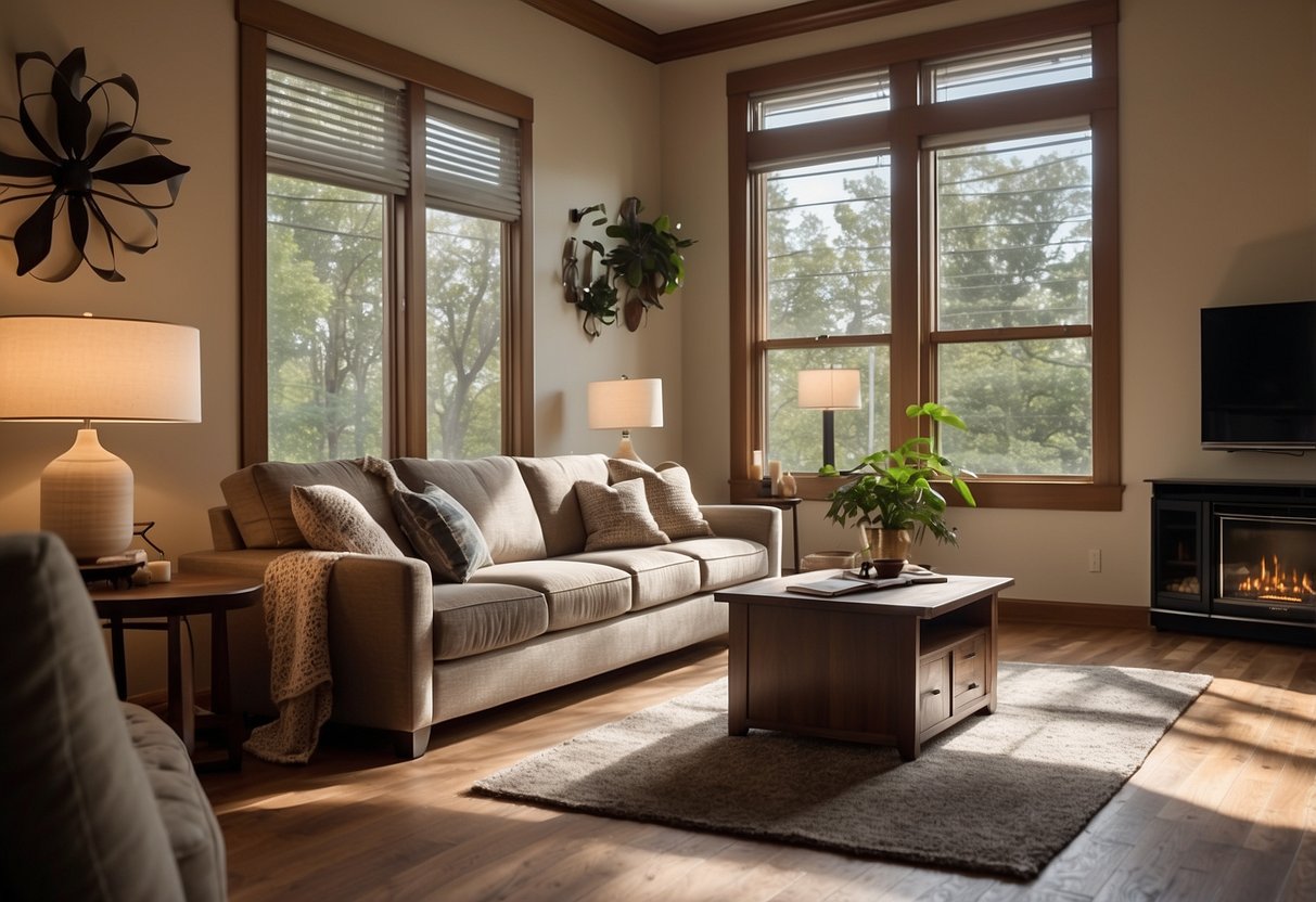 A cozy living room with natural light streaming in, energy-efficient LED bulbs, and smart power strips. A laptop charging on a timer, a smart thermostat adjusting the temperature, and a ceiling fan circulating air