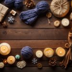 A table with various DIY gift items: candles, soaps, knitted scarves, and homemade cookies. Colorful wrapping paper, ribbons, and craft supplies scattered around