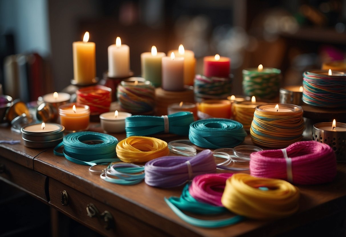 A cluttered craft table with colorful paper, scissors, glue, and ribbons. A variety of handmade gifts in progress, including candles, photo frames, and knitted scarves