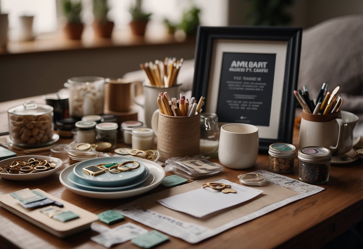 A table with various craft supplies scattered around, including ribbons, paper, and markers. A handmade photo frame and a decorated mug sit on display