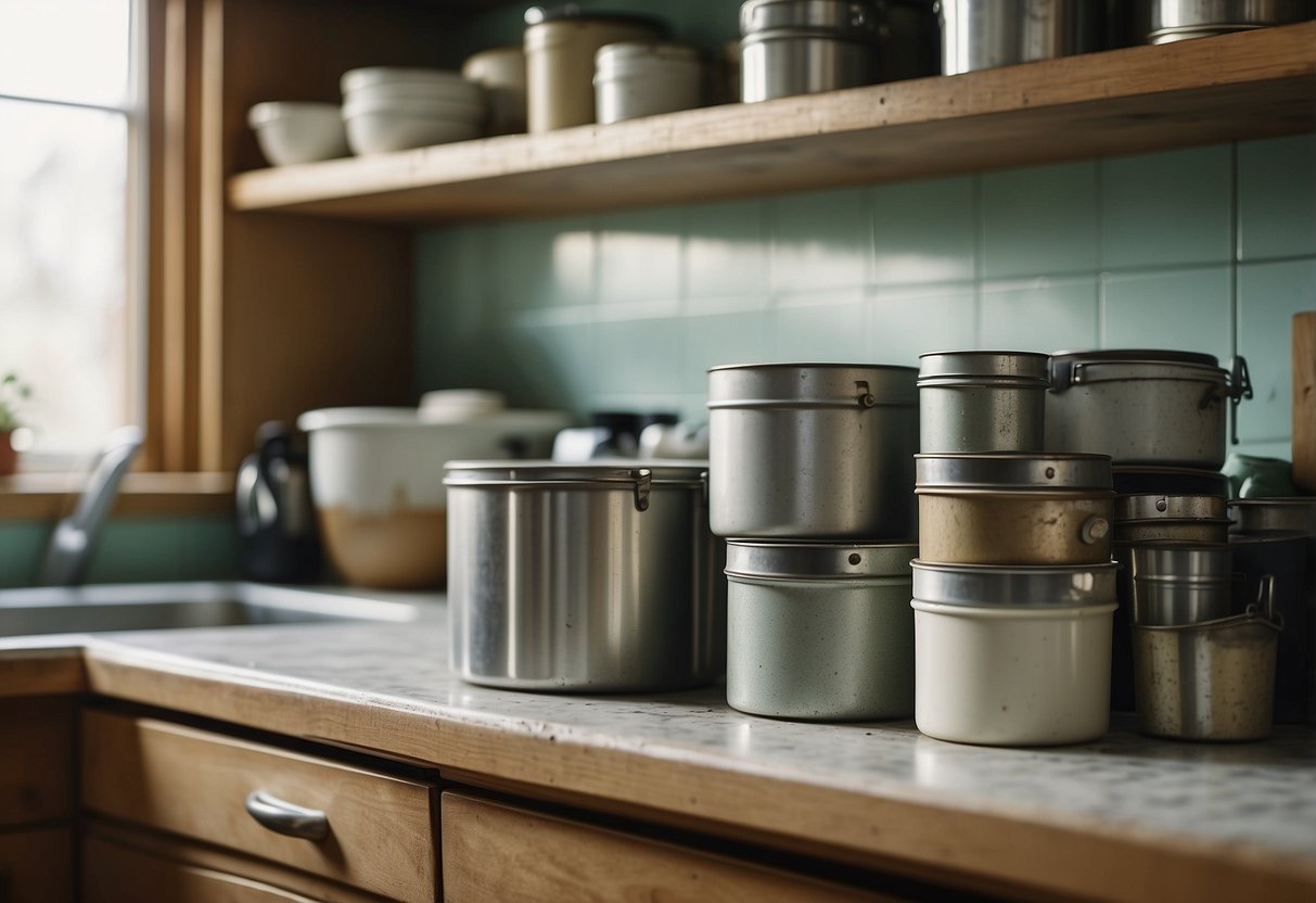 A cluttered kitchen with outdated cabinets and worn-out hardware. Paint cans, sandpaper, and new knobs lay on the counter, ready for a DIY makeover