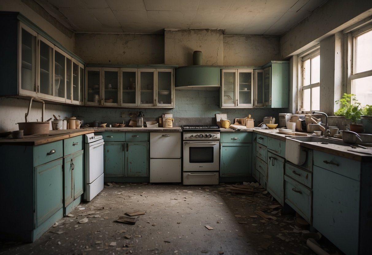 A kitchen with peeling paint and worn walls, cluttered with old appliances. A budget-friendly renovation in progress, with DIY tools and materials scattered around