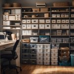 A cluttered room with shelves, baskets, and labeled containers. A tidy desk with organizers and a calendar. A well-organized closet with hanging racks and storage bins