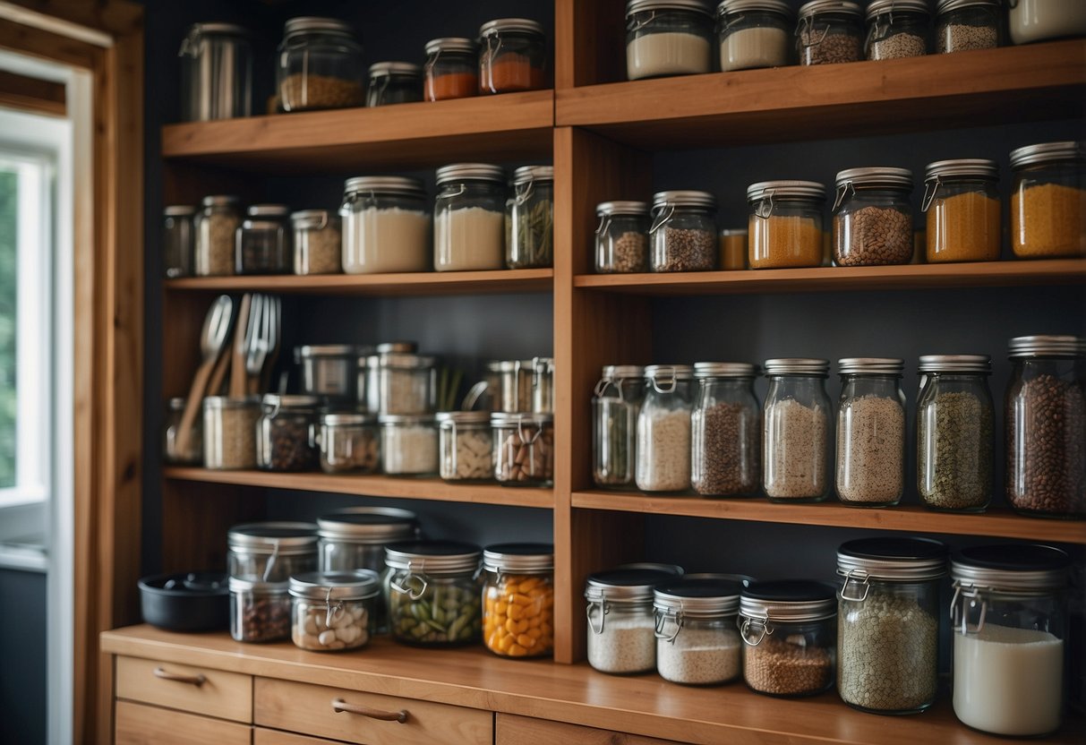 A well-organized kitchen with labeled jars, hanging racks for pots and pans, and pull-out drawers for easy access to utensils and spices