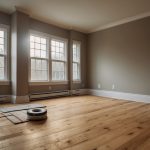 A room with hardwood floors, sandpaper, and a sander. Stain and polyurethane cans sit nearby, along with a paintbrush and clean rags. A window lets in natural light