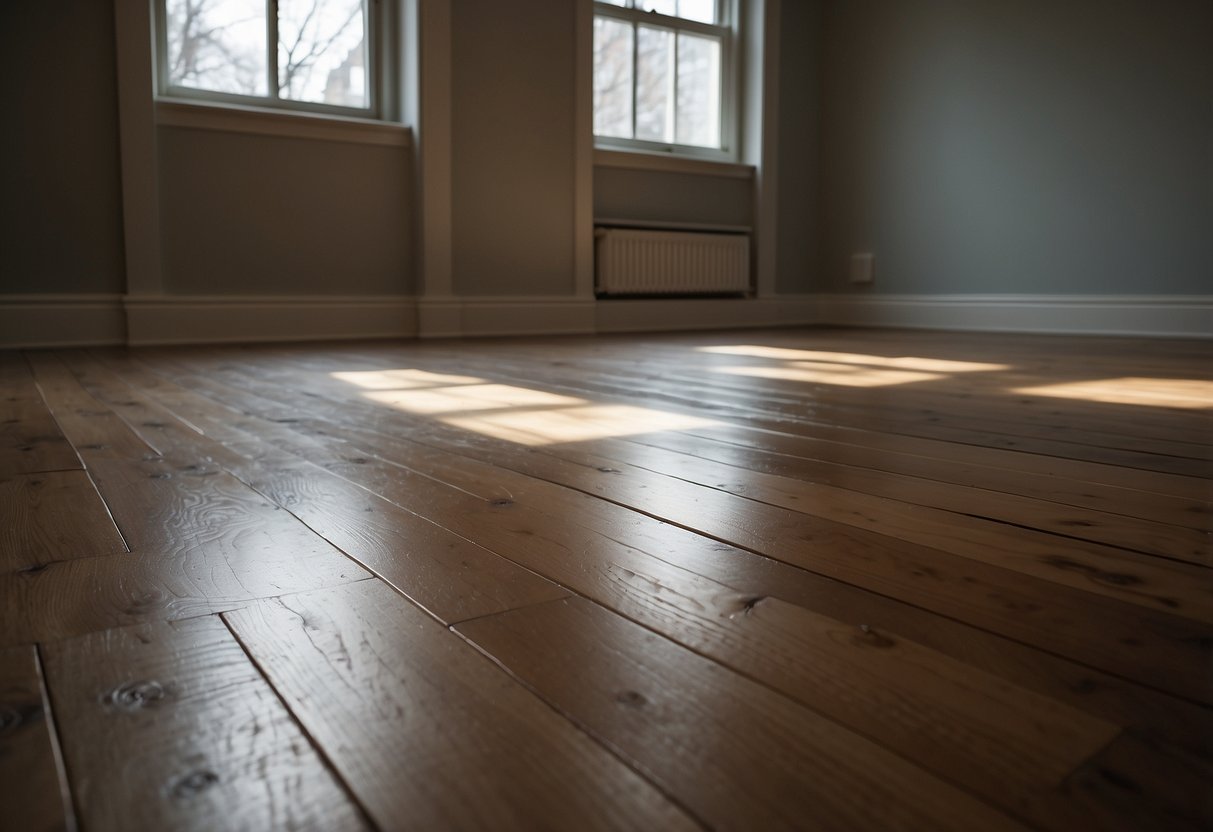 A room with bare hardwood floors, devoid of any furniture or rugs. The floor appears worn with visible scratches and dull finish