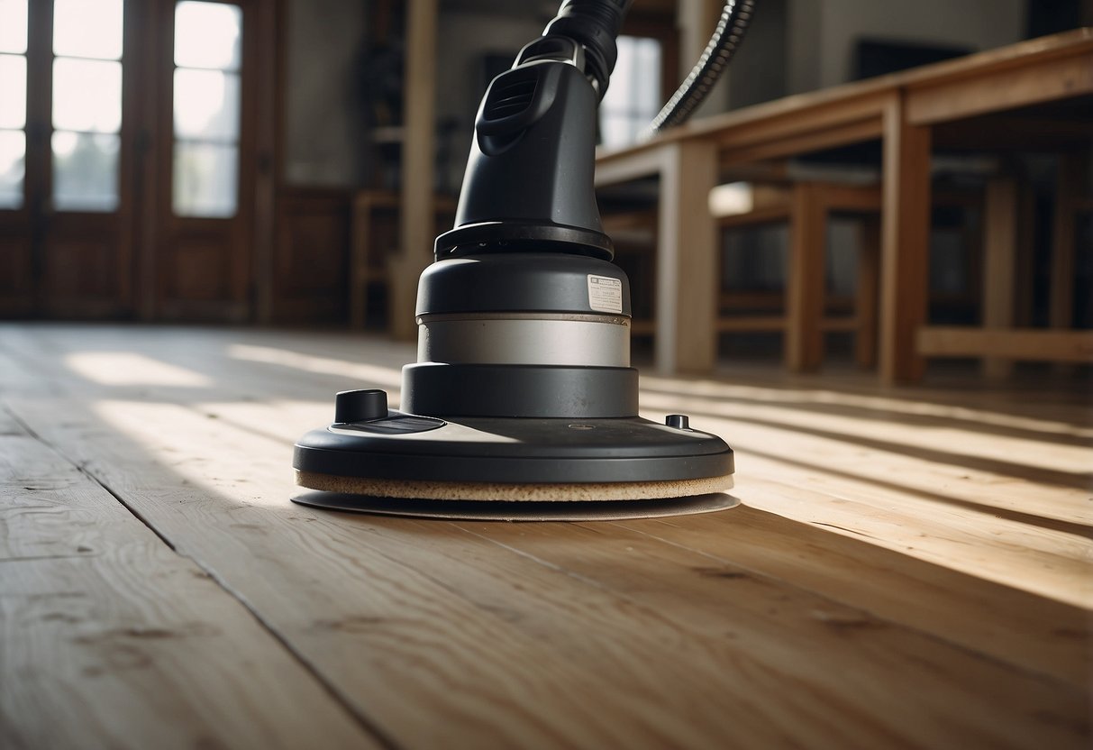 A floor sander moves back and forth, smoothing the hardwood surface. Sawdust fills the air as the machine works its way across the floor