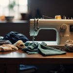 A table with sewing supplies, a pile of old clothes, and a sewing machine. A person altering a garment with scissors and thread