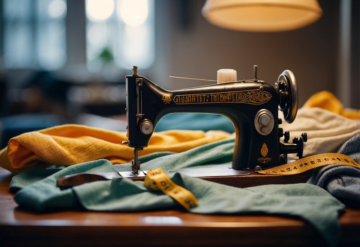 A sewing machine stitching fabric, a tape measure, and a stack of clothing items ready for alterations on a table