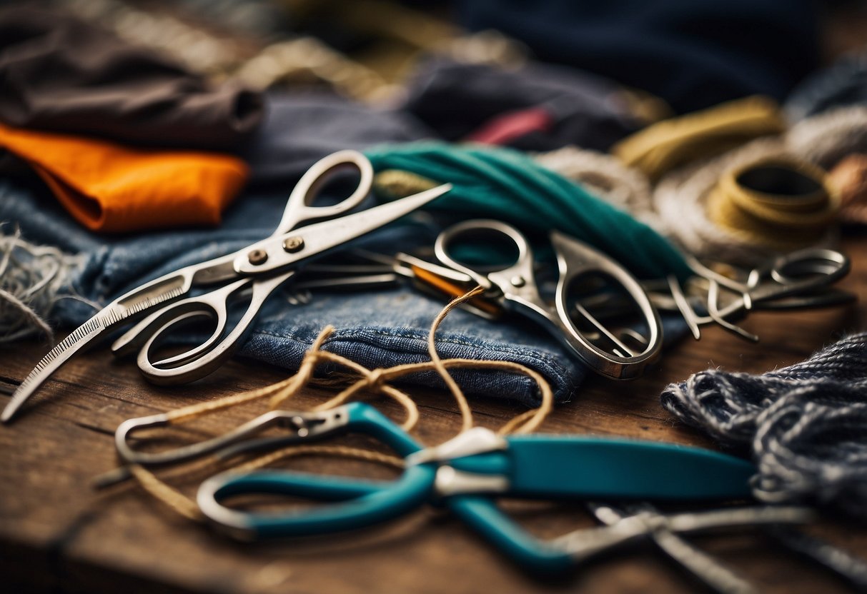 A pile of old clothing items transformed into stylish new pieces through upcycling techniques. Scissors, needles, and thread lay nearby, ready for use