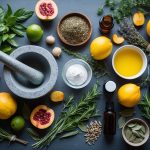 A table covered with various natural ingredients such as herbs, fruits, and essential oils. A mortar and pestle, mixing bowls, and bottles are arranged neatly alongside a book on herbal remedies