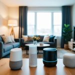 A cozy living room with smart home gadgets: voice-controlled lights, automated thermostat, and smart speaker for music and information