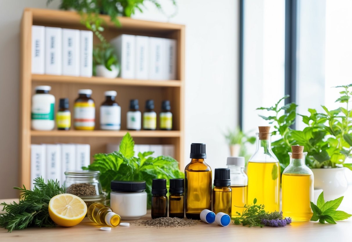 A table filled with natural remedies like herbs, essential oils, and homeopathic medicine. A bookshelf with titles on DIY health remedies. Bright, natural lighting in the room