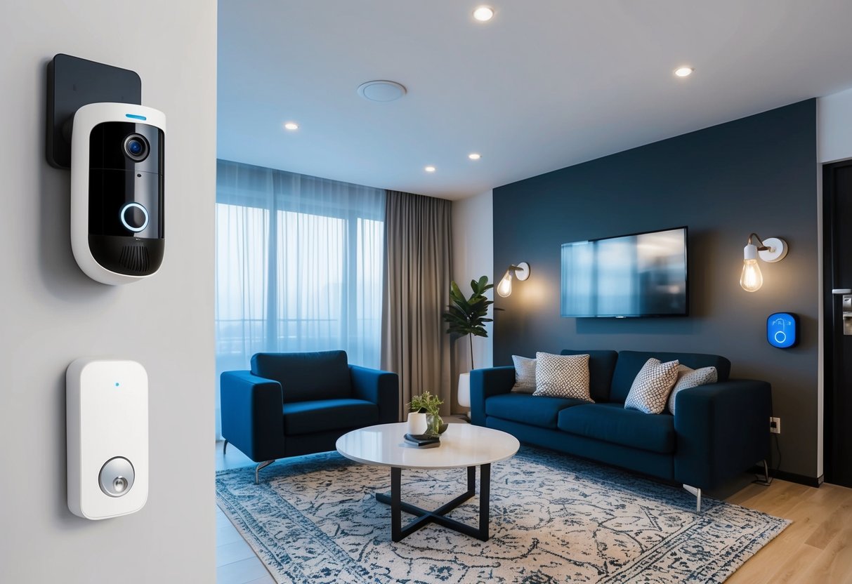 A modern living room with smart devices integrated into the decor. A smart security camera is mounted on the wall, while a smart lock is installed on the front door. Smart light bulbs illuminate the space, and a smart thermostat controls the temperature