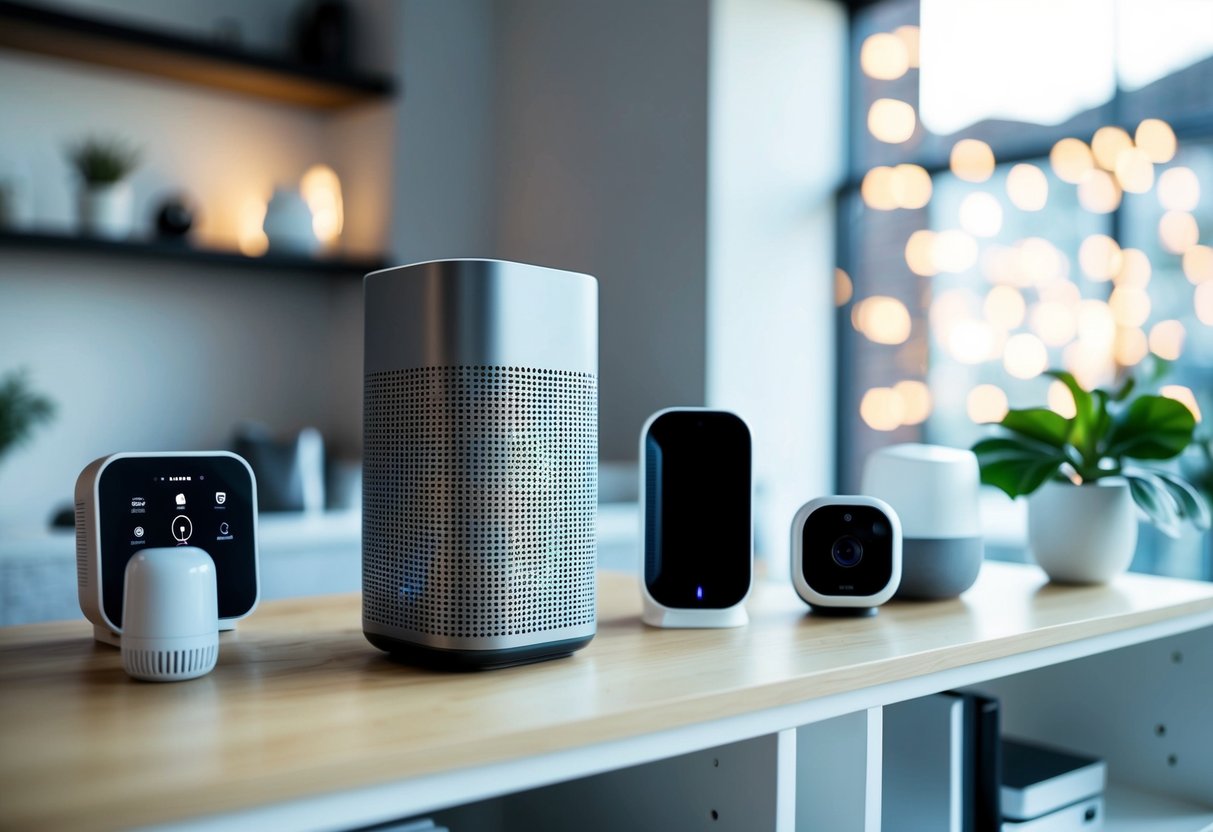 A smart speaker sits on a modern living room shelf, surrounded by various smart home devices such as lights, thermostat, and security camera