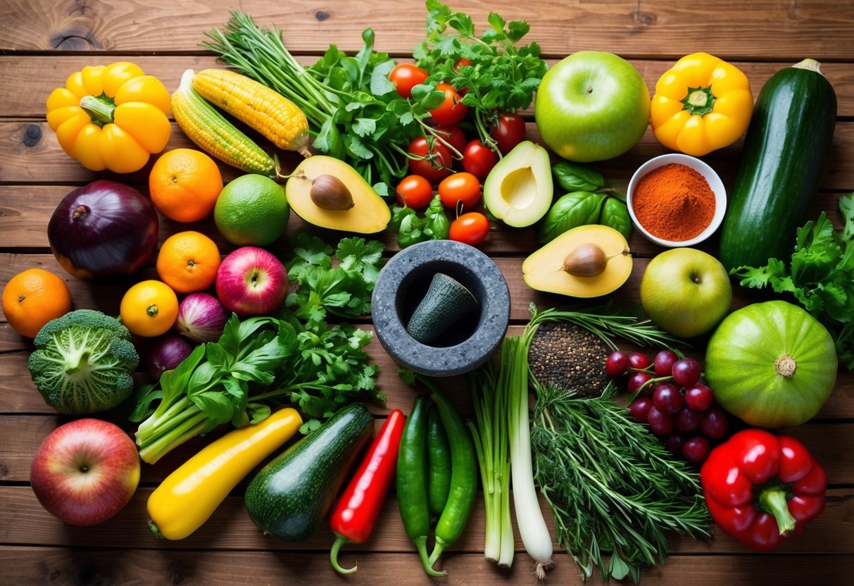 A colorful array of fresh fruits, vegetables, herbs, and spices arranged on a wooden table, with a mortar and pestle nearby for grinding