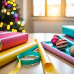 A table with colorful wrapping paper, ribbons, and decorative elements arranged neatly for gift wrapping