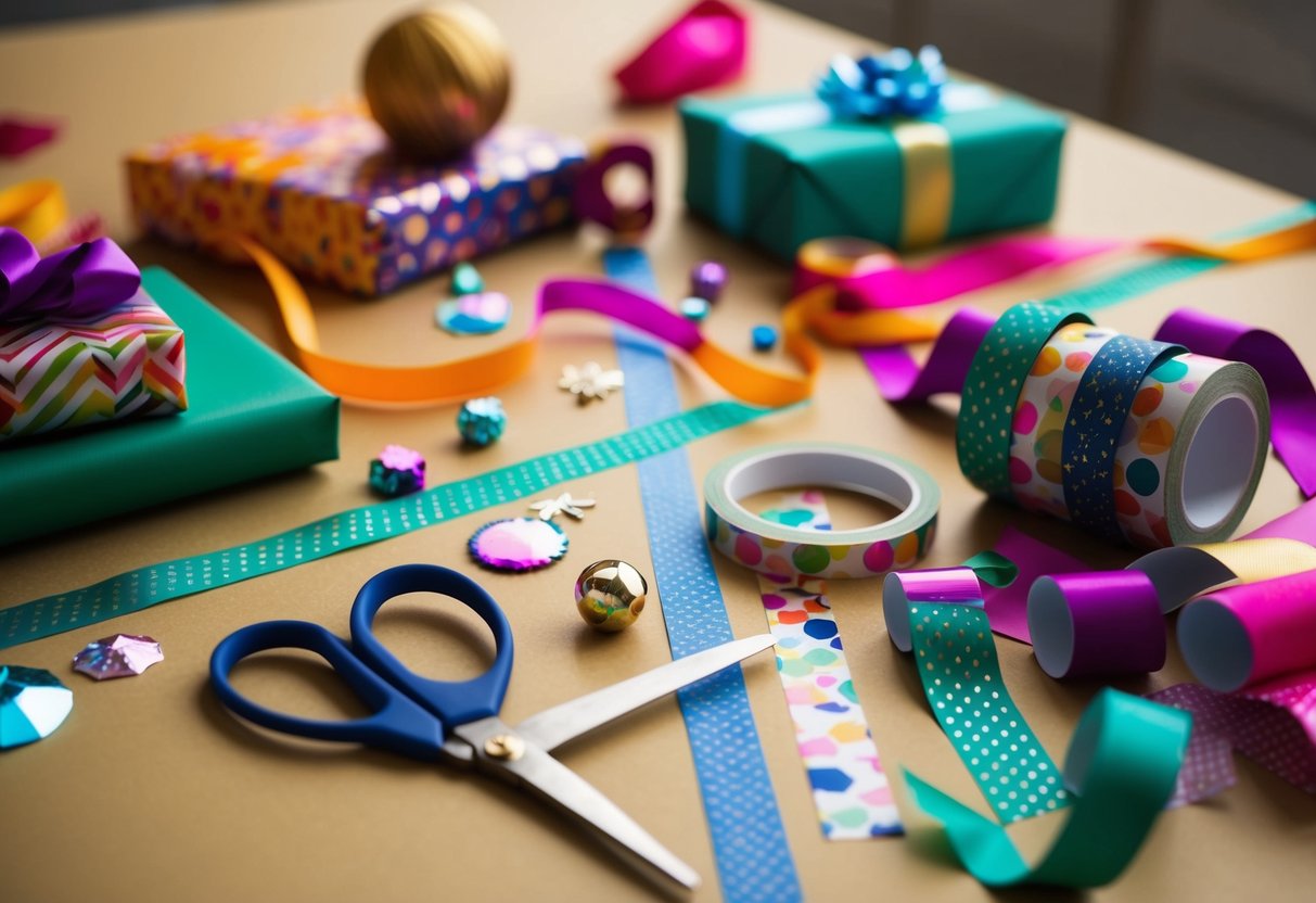 A table scattered with colorful ribbons, patterned paper, and decorative embellishments. A pair of scissors and a roll of tape sit nearby, ready for DIY gift wrapping