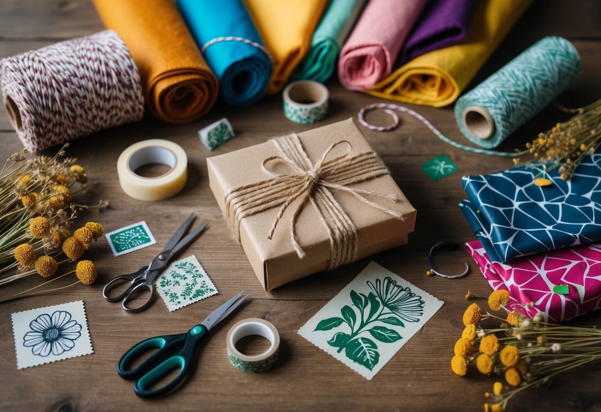 Colorful fabric, twine, and dried flowers arranged on a wooden table. Scissors, tape, and decorative stamps scattered around. A handmade gift box with unique wrapping materials