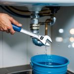 A wrench tightening a leaky pipe under a sink, with a bucket catching water drops