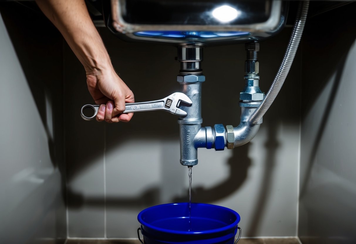 A wrench tightening a pipe under a sink, a flashlight illuminating the dark space, while a leaky faucet drips into a bucket below