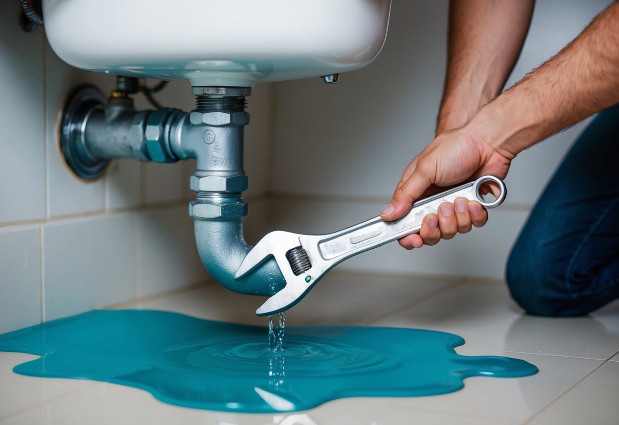 A wrench tightening a pipe under a sink with water droplets forming a puddle on the floor