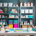 A cozy craft room with neatly organized shelves, labeled storage bins, a large work table with supplies, and colorful decor on a budget