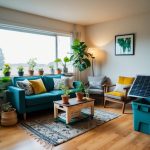 A cozy living room with upcycled furniture, potted plants, and energy-efficient lighting. A homemade compost bin sits in the corner, and a DIY solar panel powers the room