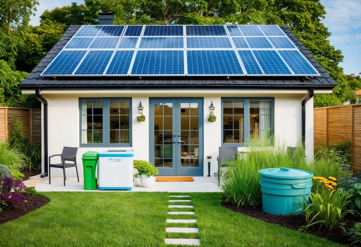 A cozy home with solar panels, energy-efficient appliances, and a lush garden with a compost bin and rainwater collection system