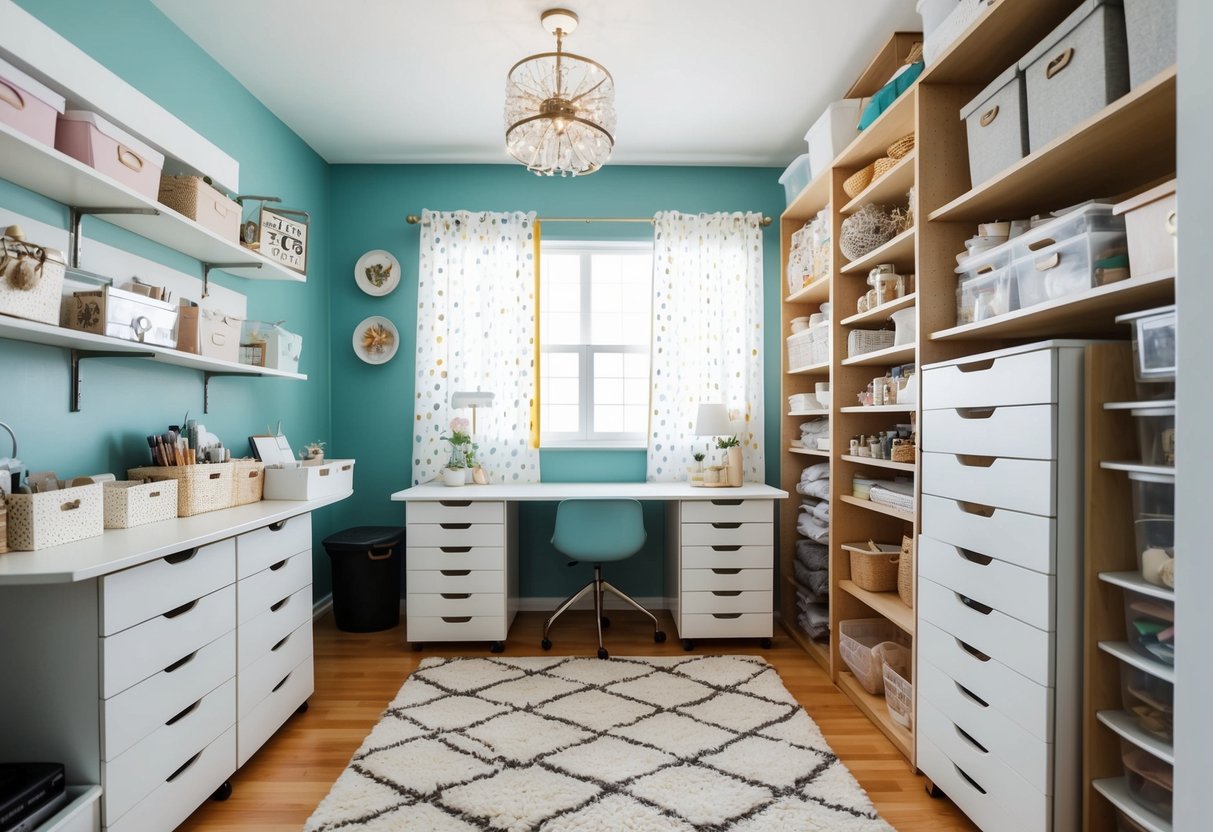 A cluttered craft room with neatly organized drawers and closet space, showcasing DIY organization solutions for maximizing crafting space on a budget