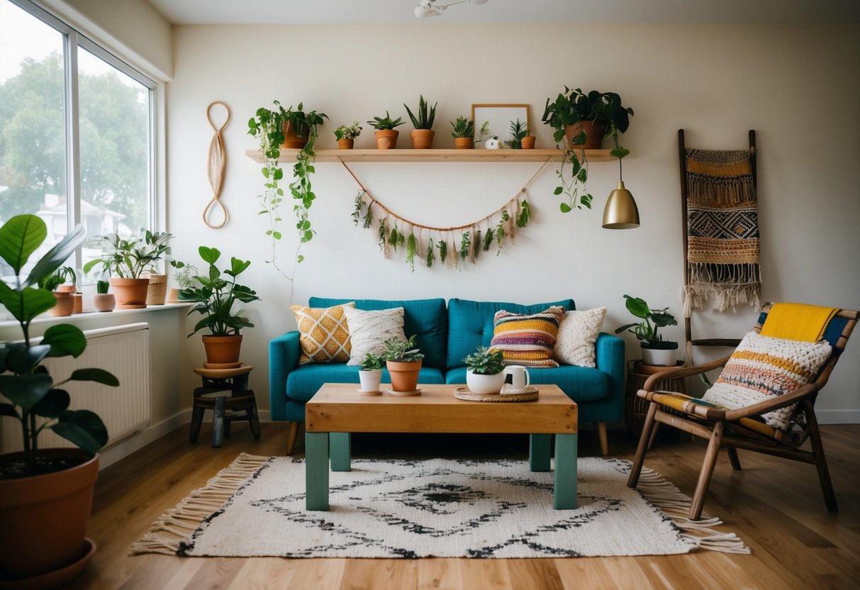 A cozy living room with upcycled furniture, potted plants, and handmade textiles. A wall adorned with sustainable DIY decor and eco-friendly furnishings