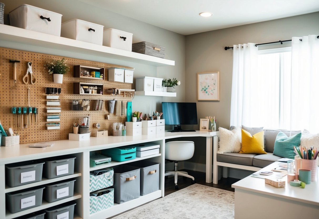 A well-lit craft room with neatly organized shelves, labeled storage bins, and a clutter-free work area. A pegboard holds various crafting tools, while a cozy seating area invites creativity