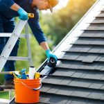 A person on a ladder, applying sealant to a damaged section of a roof. Nearby, a bucket of tools and materials sits ready for use